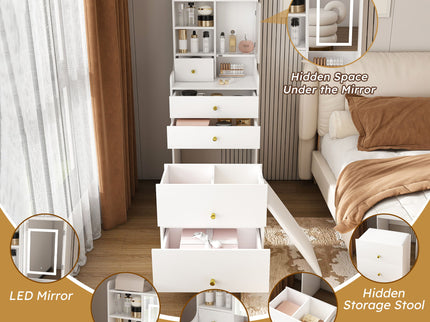 3 In 1 Dressing Table With LED Mirror & Storage Stool, Compact Makeup Vanity - White