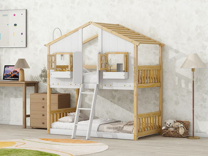 House Bunk Bed With Roof, Window, Window Box, Door, With Safety Guardrails And Ladder