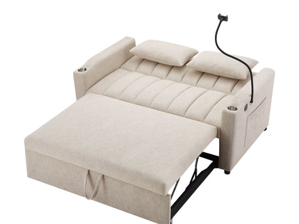 Convertible Sofa Bed Loveseat Sofa With Three USB Ports, Two Side Pockets, Two Cup Holders And 360° swivel Phone Holder For Living Room