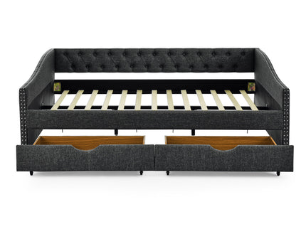 Upholstered Tufted Daybed With 2 Drawers, Waved Arms