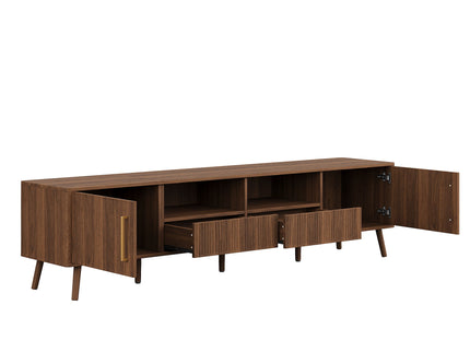 78" TV Stand For 85" TVs With Fluted Doors, Open Shelf, Cable Management - Walnut