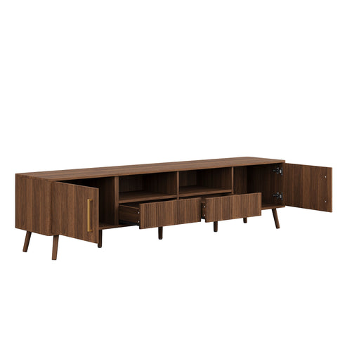 78" TV Stand For 85" TVs With Fluted Doors, Open Shelf, Cable Management - Walnut