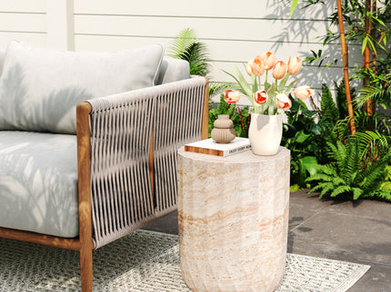 Outdoor / Indoor Lightweight Concrete Side Table, Cylinder Travertine Finish Accent Table - Beige