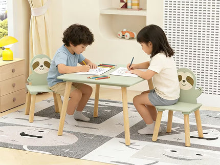Sloth Themed Table And Chair Set With 2 Cute Animal Chairs - Natural Wood / Sage Green