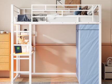 Loft Bed With Desk, Shelves, Power Outlet, LED Light And Wardrobe