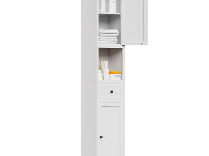 Tall Bathroom Storage Cabinet, 5-Tier Narrow With 2 Doors & Adjustable Shelves, Freestanding - White