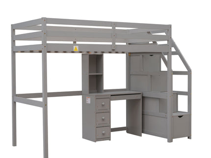 Loft Bed With Stand Alone Bed, Storage Staircase, Desk, Shelves, And Drawers