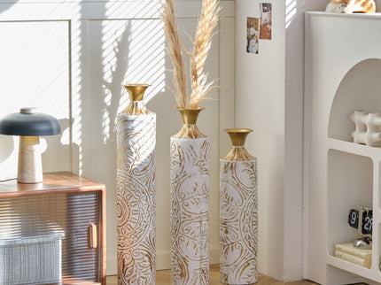 Floor Metal Vases Decorated Metal Vases (Set of 3) Gorgeous Home Decoration Large Glazed Metal Vases - White / Gold