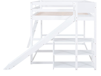 Bunk Bed With Ladder, Slide, And Shelves Pine Wood