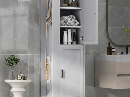 Tall Freestanding Bathroom Storage Cabinet With Adjustable Shelves And Side Hooks