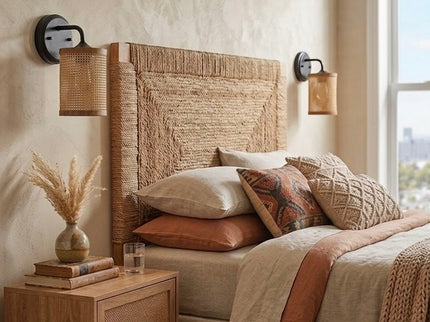 Reef - Single Lights Wall Sconce With Natural Shade Rustic Wicker Wall Light - Black / Rattan