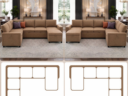 U - Shaped Convertible Sectional Sofa Bed With Storage, USB Charger & Cup Holders