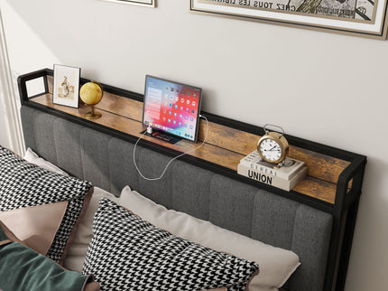 Bed With Charging Station, American Design Upholstered Headboard, Metal Platform
