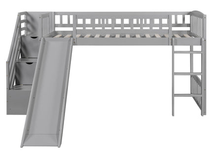 Loft Stairway Bed With 2 Drawers, Convertible Ladder And Slide