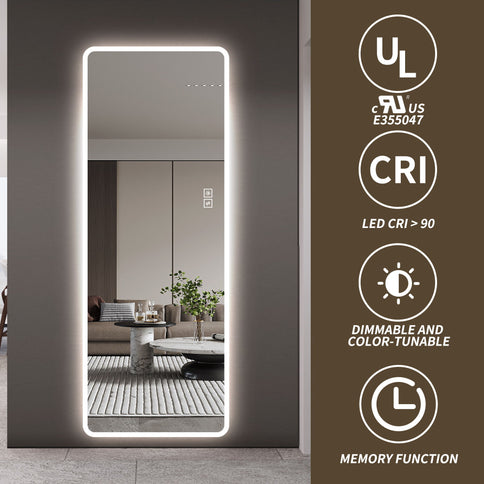 LED Full Length Mirror With Lights, Wall Mounted Full Body Mirror, Dimmable 3 Color Lighting, Anti Fog, Shatter Proof, Memory Function - Clear