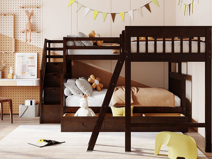 Solid L Shaped Bunk Bed With 3 Drawers, Ladder And Staircase