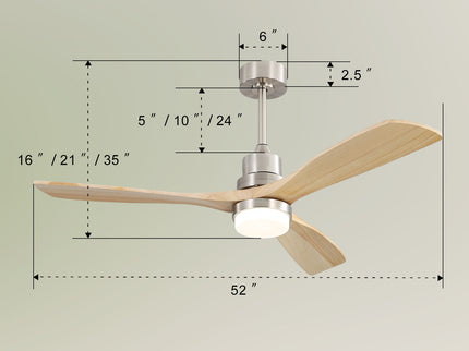 Ceiling Fan With Dimmable LED Light 6 Speed Remote 3 Wood Blade Reversible DC Motor For Bedroom - Brushed Nickel
