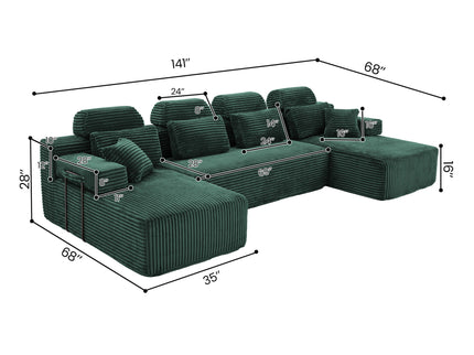 Sectional Sleeper Sofa & Storage Pockets, Modular Couch With Throw Pillows For Living Room