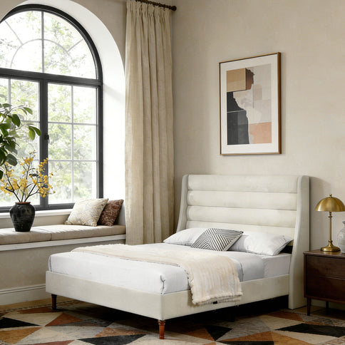 Modern Upholstered Platform Bed With Wave Shaped Headboard