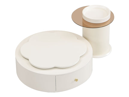 Modern Round Coffee Table (Set of 2), 360 Degree Rotatable Flower Shaped Top With 2 Drawers, Top Circle Side Table End Table With Glass For Living Room - Off White