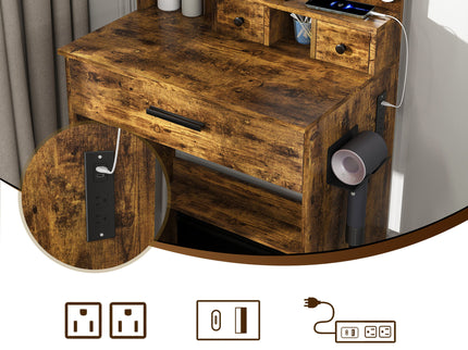 Vanity Table With Mirror, Adjustable LED Lights, Power Outlet, Hairdryer Holder & Stool