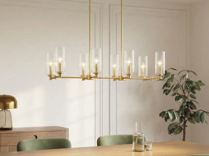 Willow - 8 Lights Island With Clear Ribbed Pendant Lamp Satin - Antique Brass / Clear / Gold