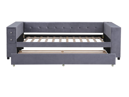 Upholstered Bed With Storage And Twin Trundle, USB Charging Ports