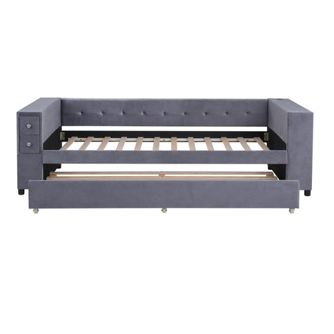 Upholstered Bed With Storage And Twin Trundle, USB Charging Ports