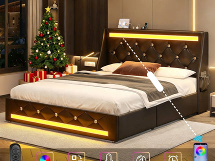 Wingback Upholstered Bed Frame With LED Lights, Charging Station