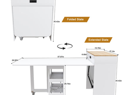 Extendable Dining Table With Power Socket, Lockable Casters, Storage Cabinet