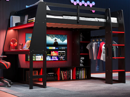 Gaming Loft Bed With Desk, Multi Storage Shelves, LED Lighting, And Hanging Clothes Rack