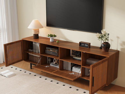 TV Stand, Entertainment Center With Slatted Doors, Cable Management, Soft Closing Hinges - Walnut