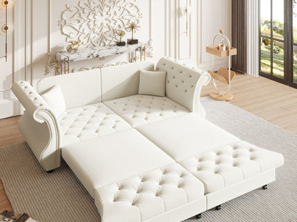 Oversized Chesterfield Pull Out Sofa Bed, Roll Arm Couch With Flower Tufting For Living Room