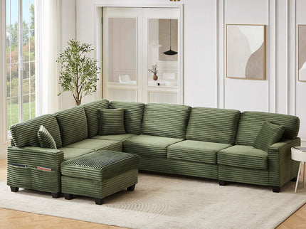Upholstered U-Shaped Sectional Sofa With Movable Ottoman And Side Storage Pockets