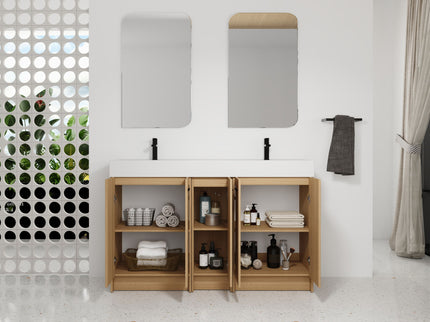 Double Sink Bathroom Vanity With Extra Large Storage, Integrated Sink, Freestanding Cabinet, Soft Close Doors - Glossy White / Light Oak