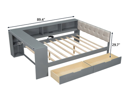 Upholstered Headboard Platform Bed With Storage Shelves, Drawers, Charging Station