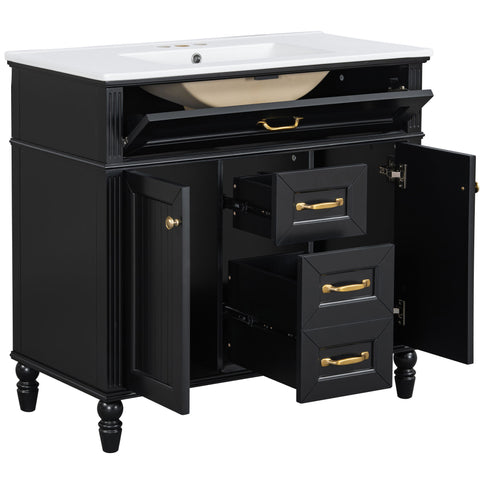 Bathroom Vanity With Sink, Flip-Out Top Drawer, Soft Close Doors, 2 Storage Drawers