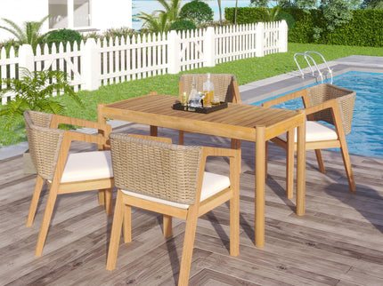 Outdoor Dining Set 1 Table 4 Chairs (Set of 5) - Teak / Beige