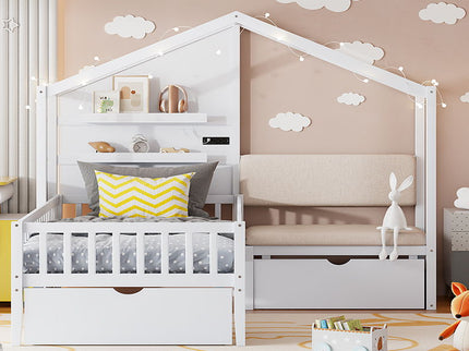House Bed With Upholstered Sofa, Wireless Charging Station, Shelves And 2 Drawers