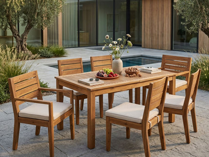 Outdoor 6 Seater Expandable Dining Set With Cushions - Sandblasted Natural / Beige