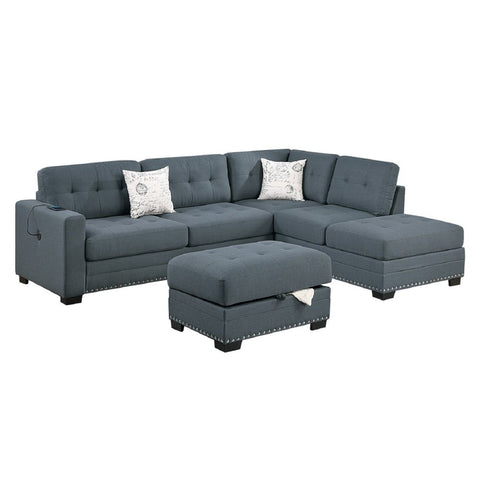 L - Shaped Sectional Sofa Set With Storage Ottoman, Tufted Upholstery Nailhead Trim