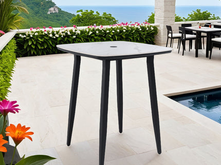 Outdoor Bar Table, Rounded Square Sintered Stone Top With Umbrella Hole, Rust Free Frame, Weatherproof - Ember Black / White