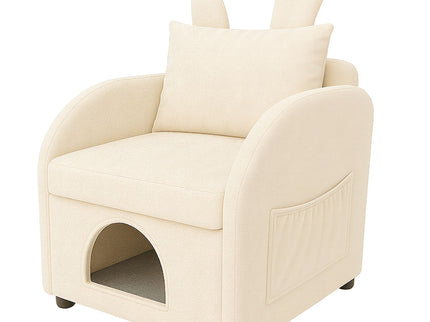 Bunny Ear Pet Friendly Armchair With Hidden Pet House With Storage Pocket For Bedroom & Living Room - Beige