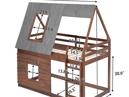 Wood Twin Size House Bunk Bed With Roof, Ladder And 2 Windows - Oak & Smoky Gray