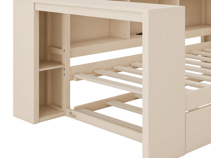 Upholstered Headboard Platform Bed With Storage Shelves, Trundle, Charging Station