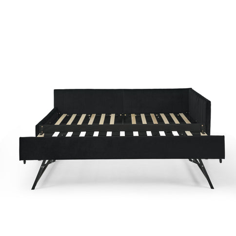 Full Size Upholstered Daybed With Trundle, Tufted Backrest And Armrests - Black