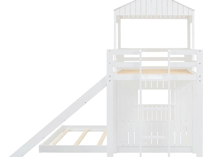 Loft Bunk Bed With Playhouse, Farmhouse, Ladder, Slide And Guardrails