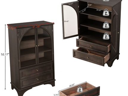 Glass Door Display Case With 2 Drawers And Adjustable Shelf