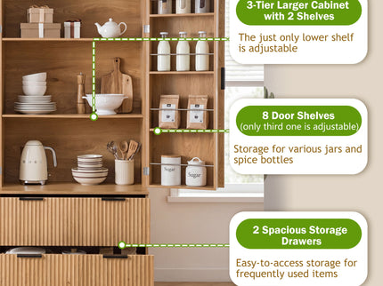 Fluted Kitchen Pantry Cabinet With 2 Large Drawers & 8 Door Spice Rack Freestanding Storage Organizer - Oak