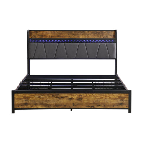 Modern Bed Frame With LED Lights, Upholstered Headboard, USB Charging